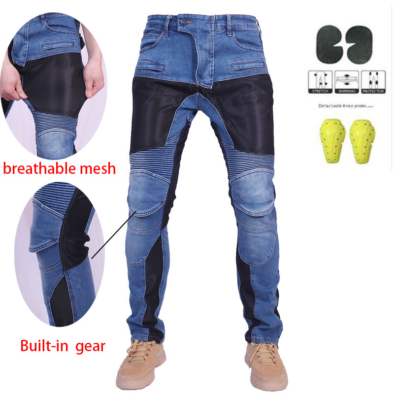 Motorcycle Gear Jeans - メンズ夏用通気性バイクライディングジーンズ、アウトドアモトクロスバイクサイクリングパンツ（プロテクター付き）