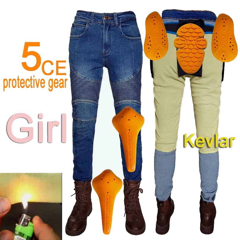 Motorcycle Gear Jeans - 女性用バイクジーンズ ケブラー モトパンツ 保護ギア ライディング ツーリング