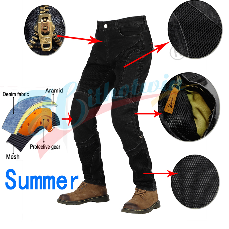 オートバイパンツ男性夏メッシュ換気クラシックモトジーンズ保護 - Motorcycle Gear Jeans のレビューと価格